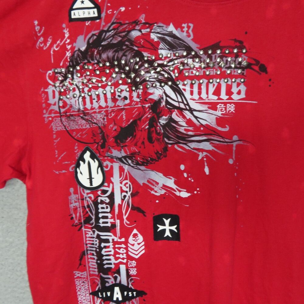 Affliction Live Fast Saints Sinners Death From Above 3XL Red Stud Bleached Shirt